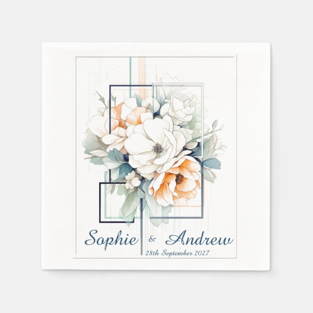 Guardanapo De Papel Flowers in Blue Cube-Frame: Wedding Napkins (Frente)