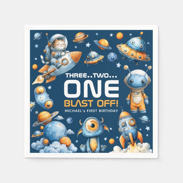 Guardanapo De Papel Foguete Espacial Astronauta Gato Decola Aniversári (Frente)