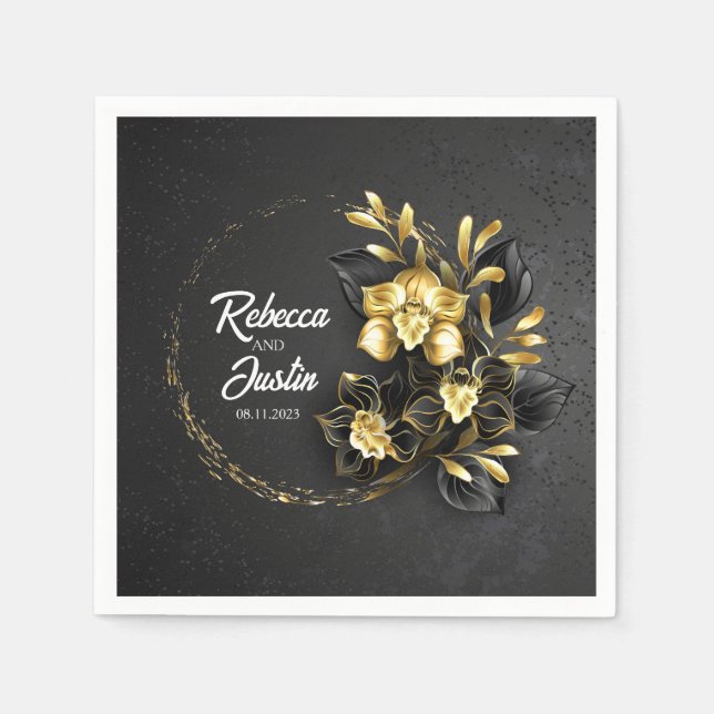 Guardanapo De Papel Foil Orquídeas Negras Douradas Modernas Boho (Frente)