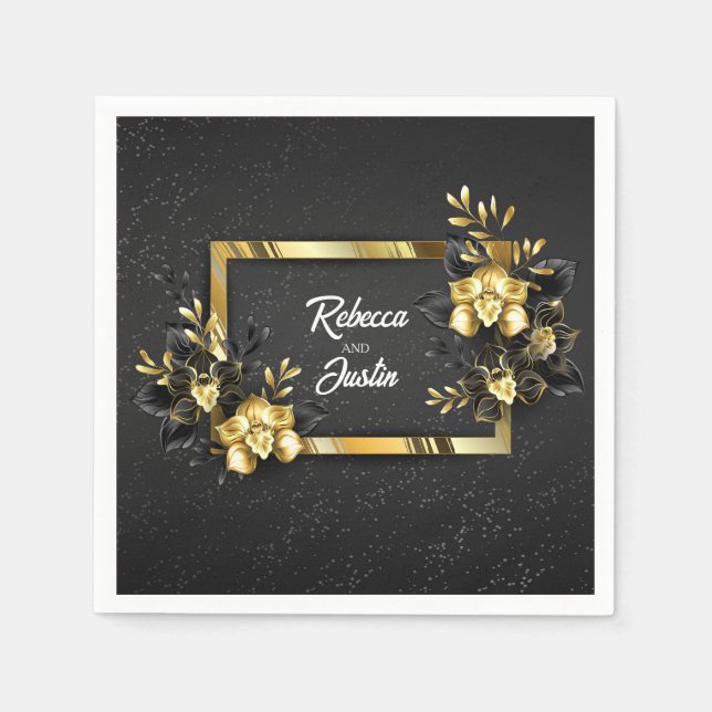 Guardanapo De Papel Foil Orquídeas Negras Douradas Modernas Boho (Frente)