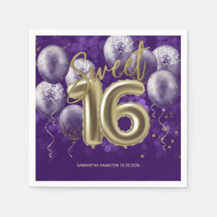 Guardanapo De Papel Folha de Ouro Doce 16 Balões de Aniversário Púrpur