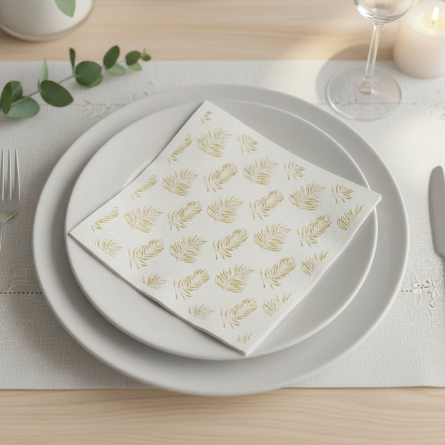 Guardanapo De Papel Folha de Palma Dourada, Casamento branco minimalis (Gold Palm Leaf, minimalist white Wedding Napkin.)