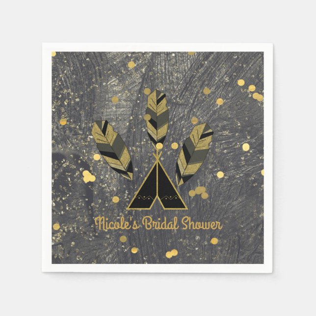 Guardanapo De Papel Folha Desenhada à Mão e Tepee Dourado Negra Boho G (Frente)