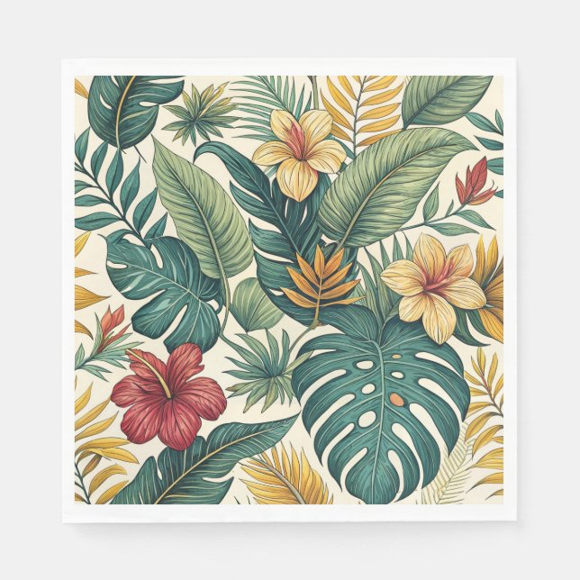 Guardanapo De Papel Folha Tropical de Monstera Com Hibisco  (Frente)