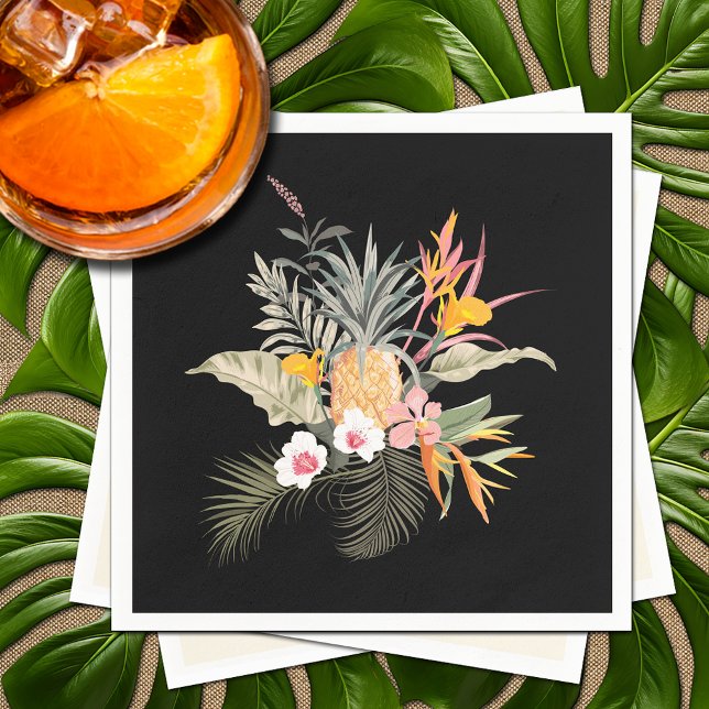 Guardanapo De Papel Folhagem de Abacaxi Tropical em Preto (Tropical Pineapple Hibiscus Foliage on Black Napkins)