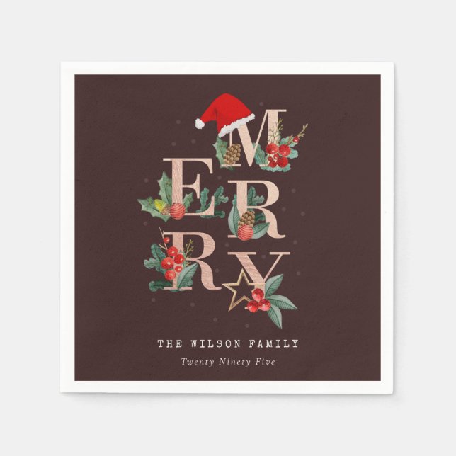 Guardanapo De Papel Folhagem de Natal Castanha Rosa Dourada Vermelha V (Frente)