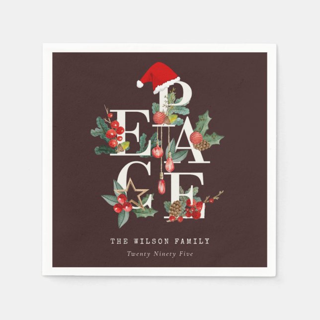 Guardanapo De Papel Folhagem de Natal da Paz Verde Vermelha Castanha (Frente)