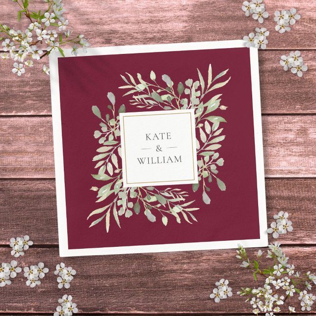 Guardanapo De Papel Folhagem Personalizada da Granja Verde (Personalized Burgundy Greenery Watercolor Foliage Napkins)