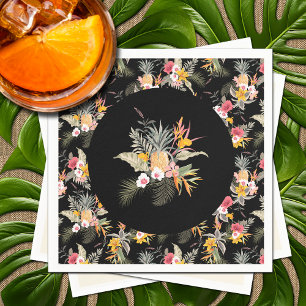 Guardanapo De Papel Folhagem Tropical de Hibisco de Abacaxi em Preto