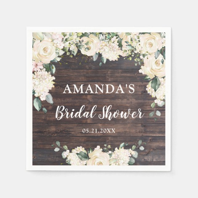 Guardanapo De Papel Folhagem verde folhagem madeira rústica boho rosas (Frente)