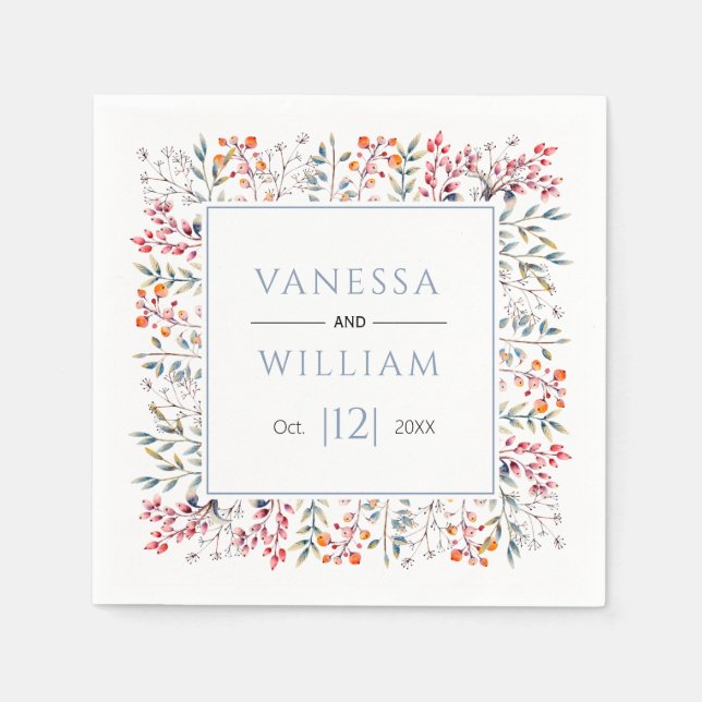 Guardanapo De Papel Folhas e bagas casamentos no inverno azuis empoeir (Frente)