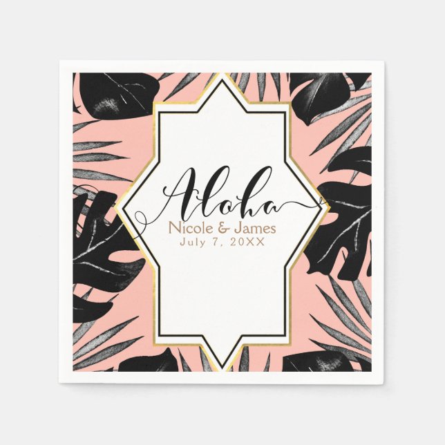 Guardanapo De Papel Folhas Tropicais Negras e Casamento Dourado de Pês (Frente)