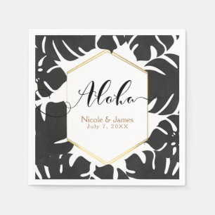 Guardanapo De Papel Folhas Tropicais Pretas Casamento Branco e Dourado