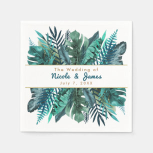 Guardanapo De Papel Folhas Verde Teal Tropical Elegante Casamento Bran