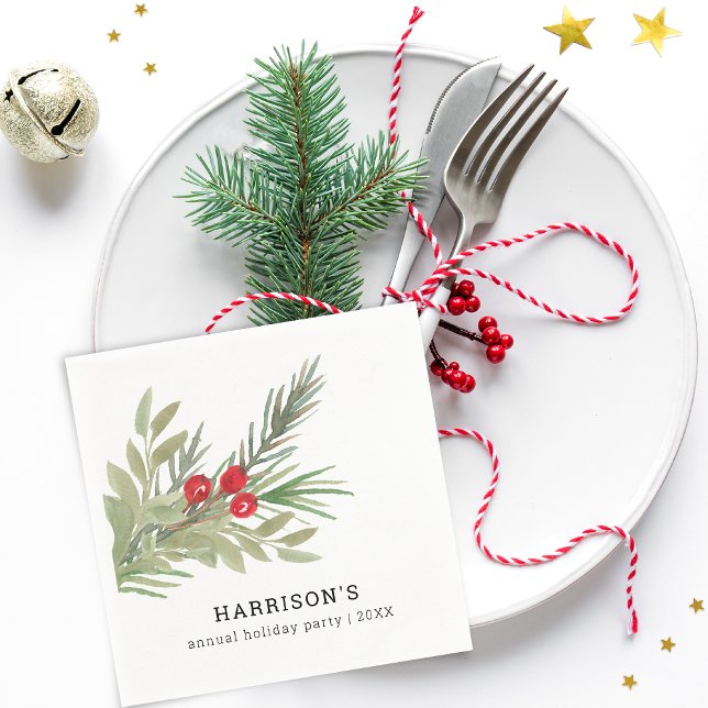 Guardanapo De Papel Folhas verdes em aquarela natalícia festiva (Festive Christmas Watercolor Greenery Napkins)