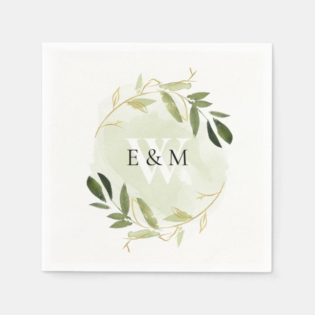Guardanapo De Papel FÓLIAGEM VERDE Dourada WATERCOLOR WREATH WEDATH (Frente)