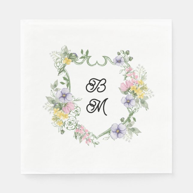 Guardanapo De Papel Formal Floral Monogram Crest Wedding (Frente)