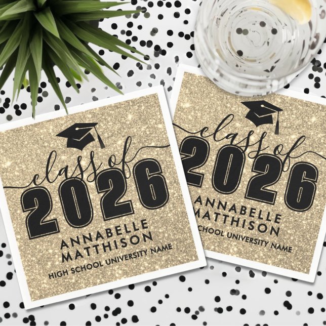 Guardanapo De Papel Formatura Brilho Dourado (Gold Glitter Graduation Napkins)
