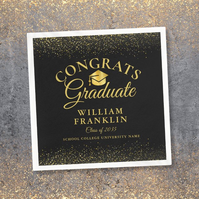 Guardanapo De Papel Formatura Moderna Preta e Dourada Personalizada (Personalized Black And Gold Modern Graduation Napkins)