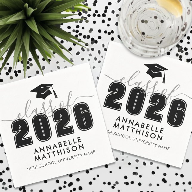 Guardanapo De Papel Formatura Preto e Branco (Graduate Simple Black White Graduation Napkins)