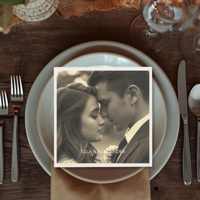 Guardanapo De Papel Foto Antiga (Vintage Style Sepia Photo Overlay Names Date Napkins)