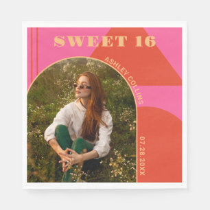 Guardanapo De Papel Foto Cor-de-rosa e laranja Arco Retro Doce 16 Aniv