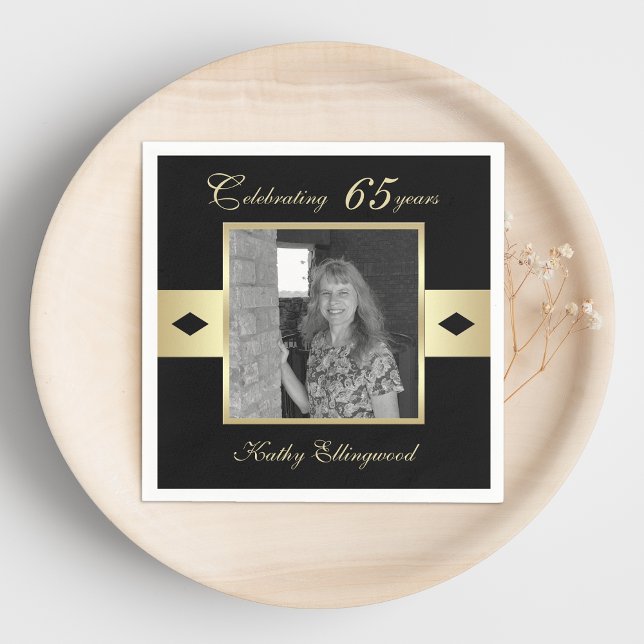 Guardanapo De Papel Foto da Festa de aniversário 65 em preto (Criador carregado)