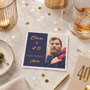 Guardanapo De Papel Foto de aniversário azul dourado aplausos homens