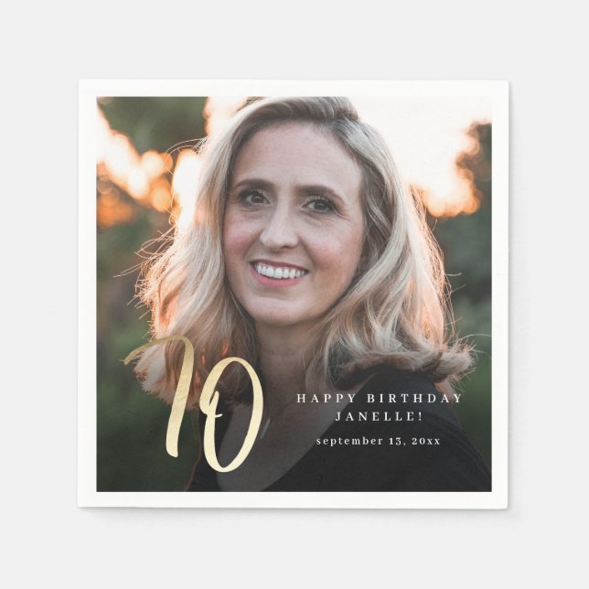 Guardanapo De Papel Foto de Aniversário do 70 moderno, preto e Dourado (Frente)