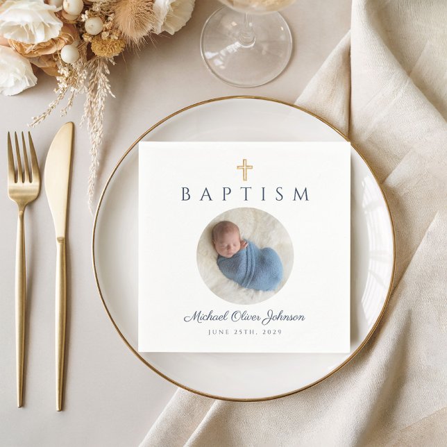 Guardanapo De Papel Foto de Batismo de Cristo Religioso de Script Azul (Blue Script Religious Cross Boy Baptism Photo Napkins
)