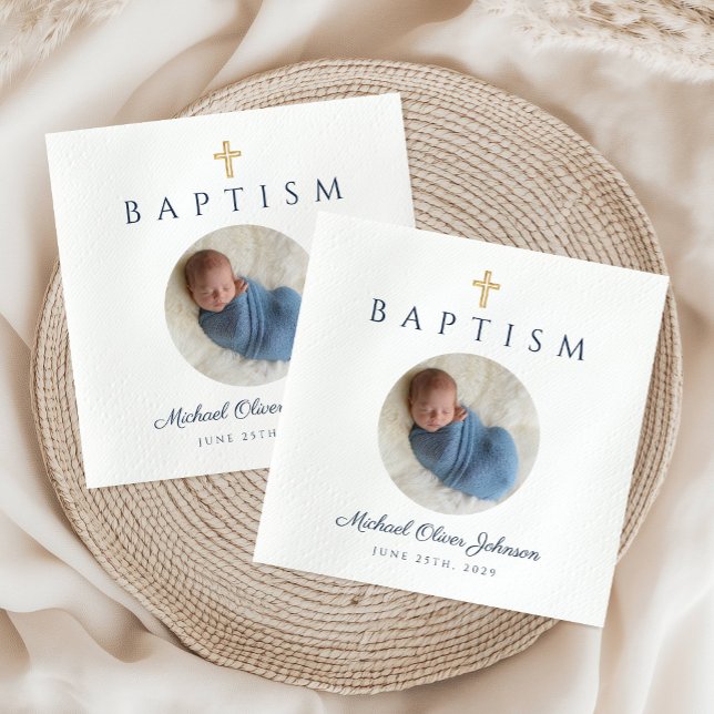 Guardanapo De Papel Foto de Batismo de Cristo Religioso de Script Azul (Blue Script Religious Cross Boy Baptism Photo Napkins)