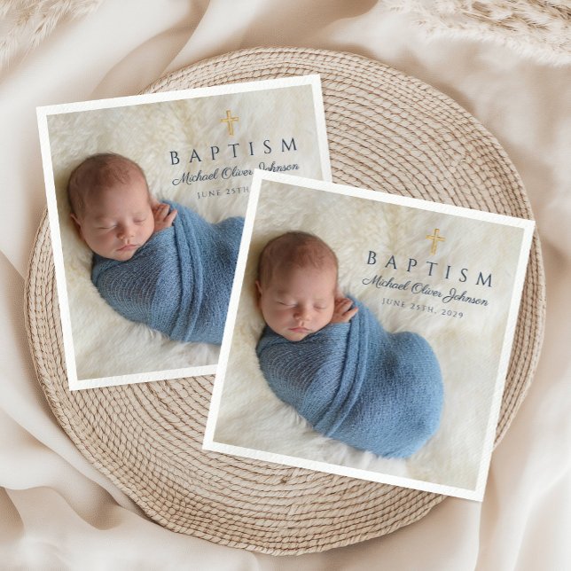 Guardanapo De Papel Foto de Batismo de Menino Cruzado Religioso Modern (Modern Blue Religious Cross Boy Baptism Photo Napkins)