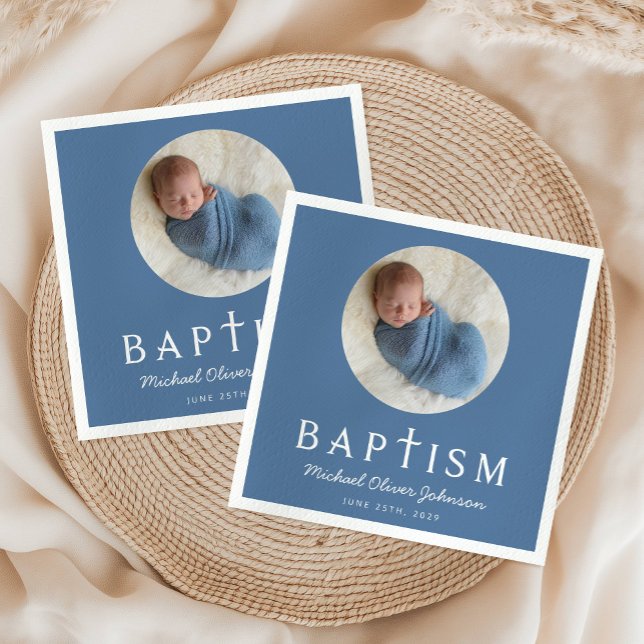 Guardanapo De Papel Foto de Batismo Religioso por Script Azul (Blue Script Religious Cross Baptism Photo Napkins)