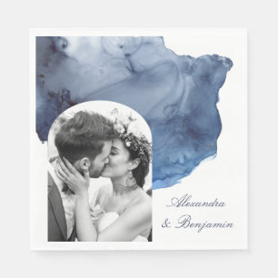 Guardanapo De Papel Foto De Casamento De Cor De Água Azul De Script E