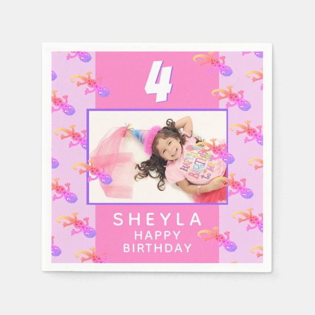 Guardanapo De Papel Foto de Festa de aniversário do Gecko Lizard, Rosa (Frente)