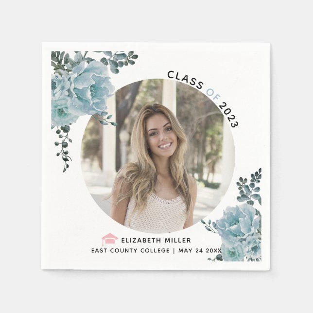 Guardanapo De Papel Foto de graduação Dusty de flores azuis Classe de  (Frente)
