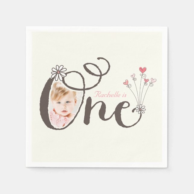 Guardanapo De Papel Foto de primeiro aniversario Whimsical One Pink Ba (Frente)