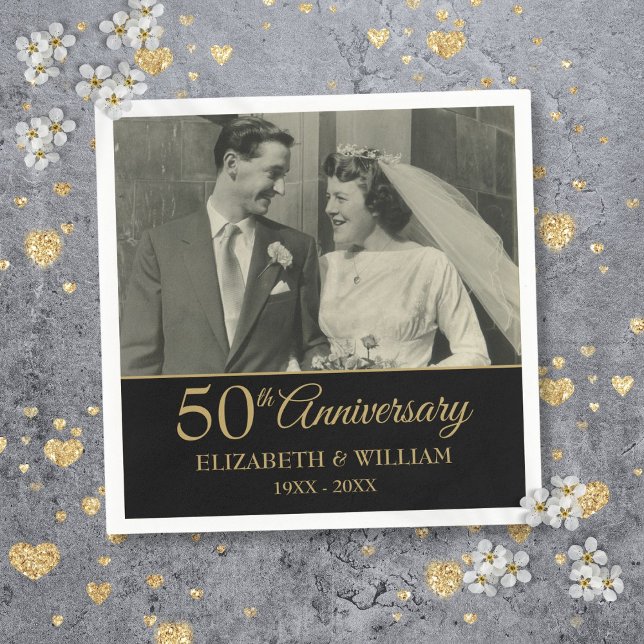 Guardanapo De Papel Foto Elegante Dourada Negra (50th Anniversary Wedding Photo Elegant Gold Black Napkins)