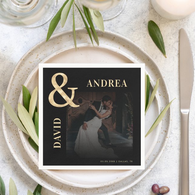 Guardanapo De Papel Foto Escura e Casamento Preto de Ampersand Dourado (Criador carregado)