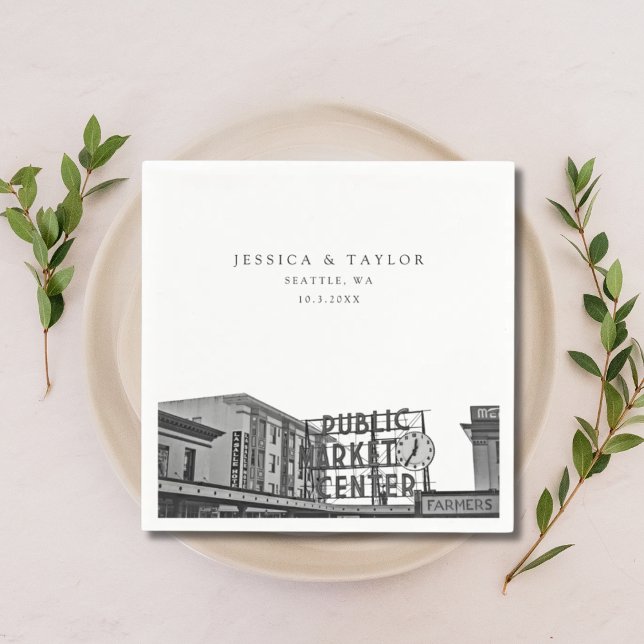 Guardanapo De Papel Foto personalizada de Casamento Seattle Cocktail N (Pikes Place Wedding View Personalized Napkin)