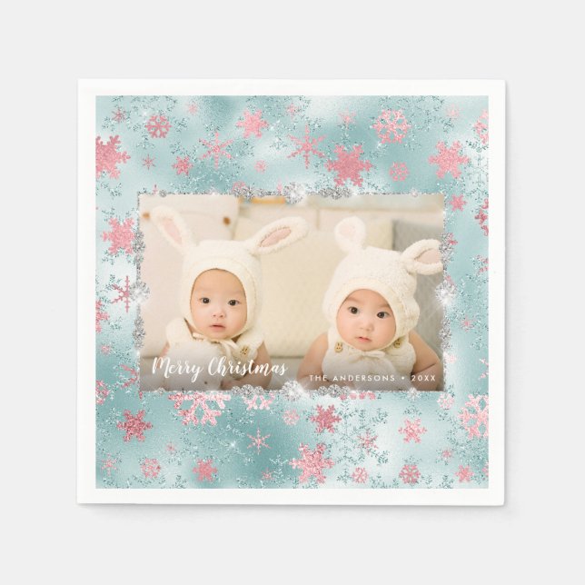 Guardanapo De Papel Foto personalizada de flocos de neve rosa azuis el (Frente)