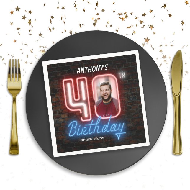 Guardanapo De Papel Foto personalizada de sinal de neon aniversário de (80s Retro 40th Birthday Neon Sign Custom Photo Napkins)