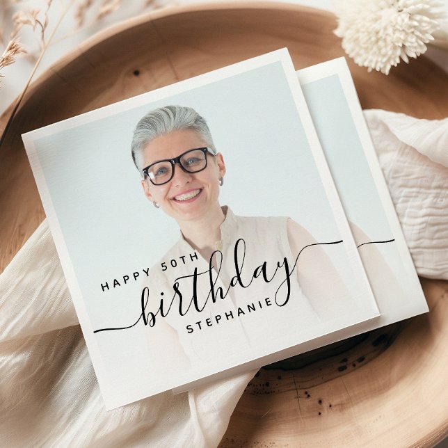 Guardanapo De Papel Foto Personalizada Script Preto Aniversário de 50  (Criador carregado)