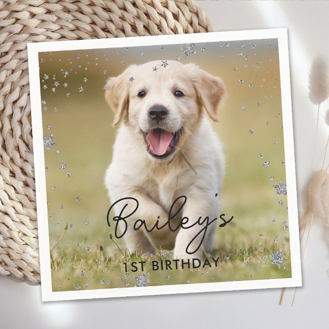 Guardanapo De Papel Foto personalizada Silver Glitter Stars Pet Dog An (Criador carregado)