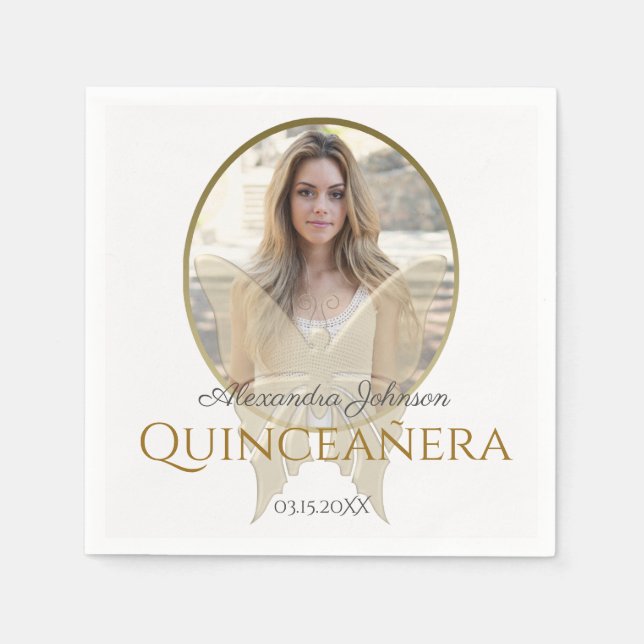 Guardanapo De Papel Foto Quinceanera 15 Birthday Dourada Butterfly (Frente)