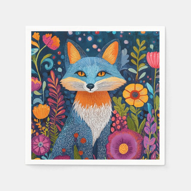 Guardanapo De Papel Fox Dot Art Vibrante Em Meio À Flora Esbuvada (Frente)