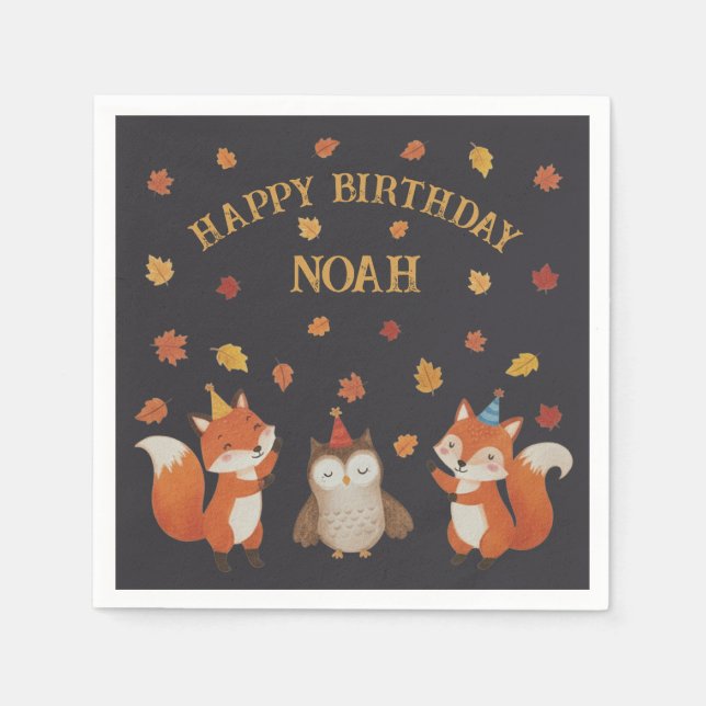 Guardanapo De Papel Foxes and Owl Woodland Fall Kids Birthday Party (Frente)