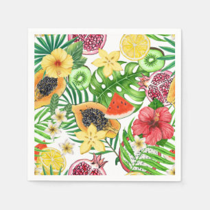 Guardanapo De Papel Frutas tropicais, flores e folhas em branco