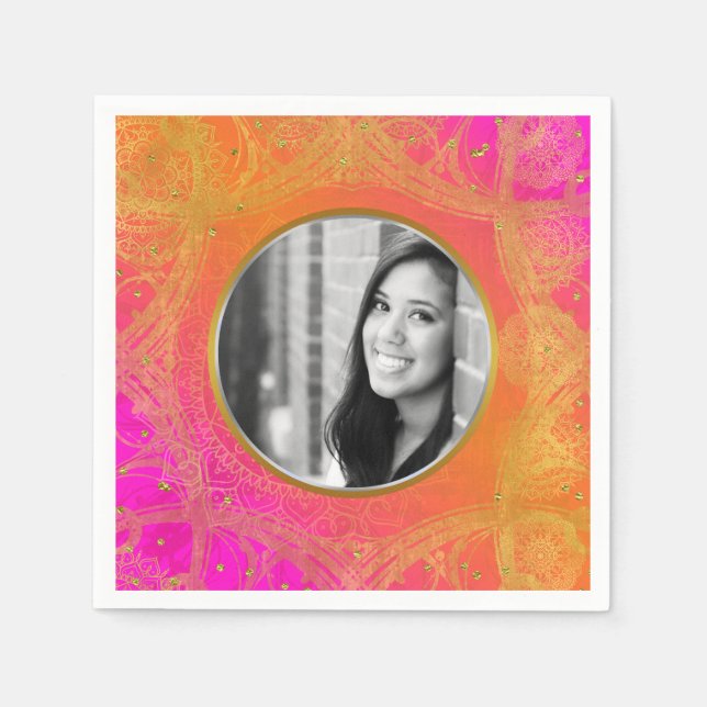 Guardanapo De Papel Fuchsia cor-de-rosa laranja Dourado Mandala (Frente)