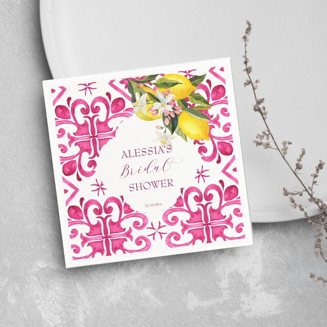 Guardanapo De Papel Fuchsia Magenta azulejos majólica chá de panela  (Fuchsia Majolica magenta tiles lemons bunch bridal shower tableware personalized Napkins modern)